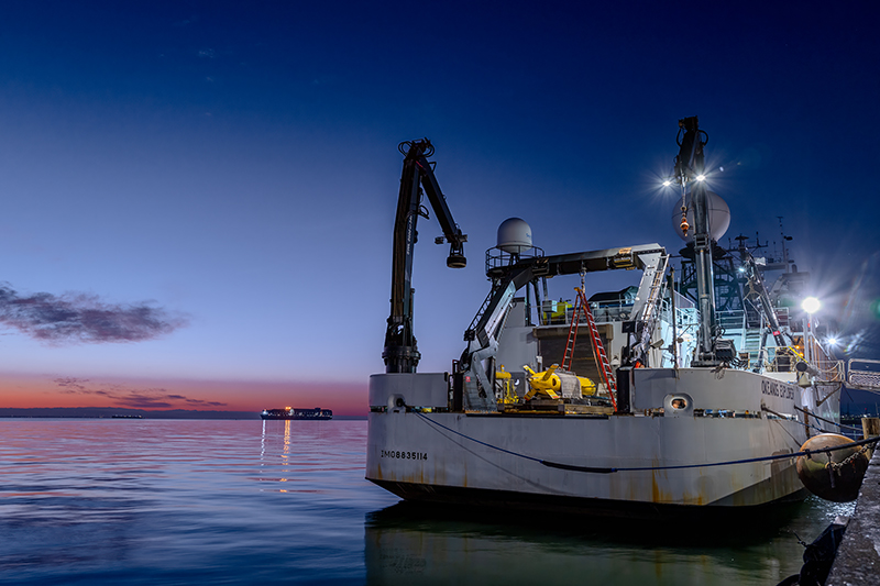 NOAA Ship Okeanos Explorer and Autonomous Underwater Vehicles
            Image courtesy of Art Howard, Global Foundation for Ocean Exploration/NOAA Ocean Exploration, 2023 EXPRESS: Exploration of Central California Coast